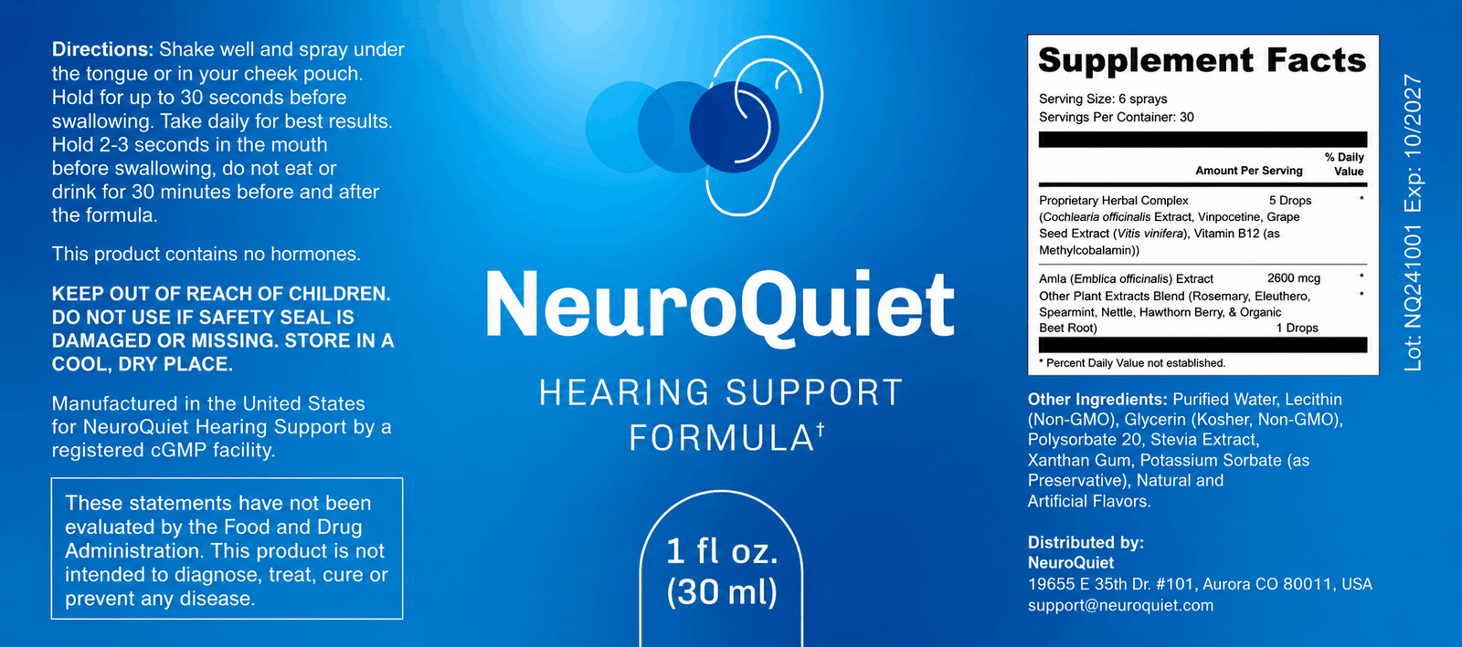 neuroquiet supplement label fact